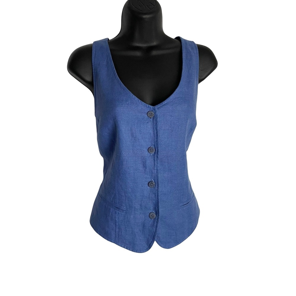 Ann Taylor Women Coastal Linen Vest Size 10 Blue Button Front Cross Back‎ Straps